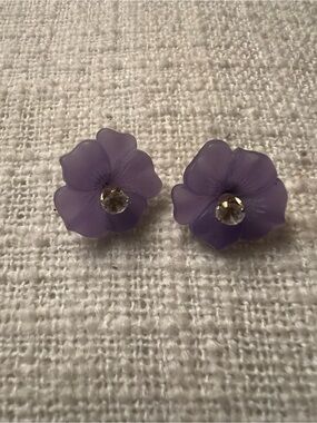 Purple Floral Stud Earrings with Crystal Center